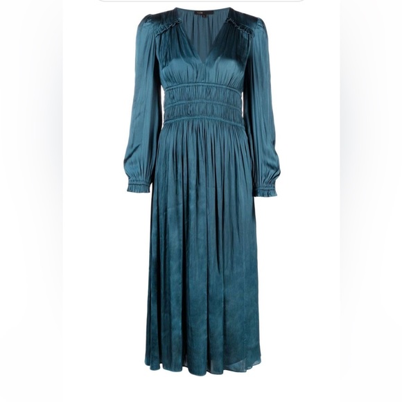 Maje Women Midi Dress Ruffled Satin XS - Picture 3 of 8